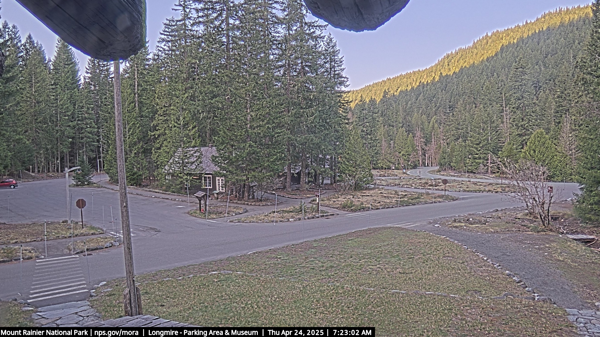 Looking southwest from the Administrative Building at the road entering Longmire. Thumbnail photo taken from webcam on October 11, 2012.