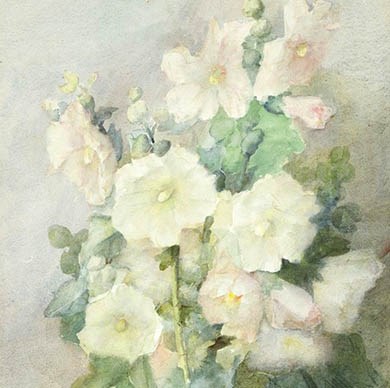 Julian Alden Weir. Hollyhocks (detail), 1879. Watercolor on off-white illustration board