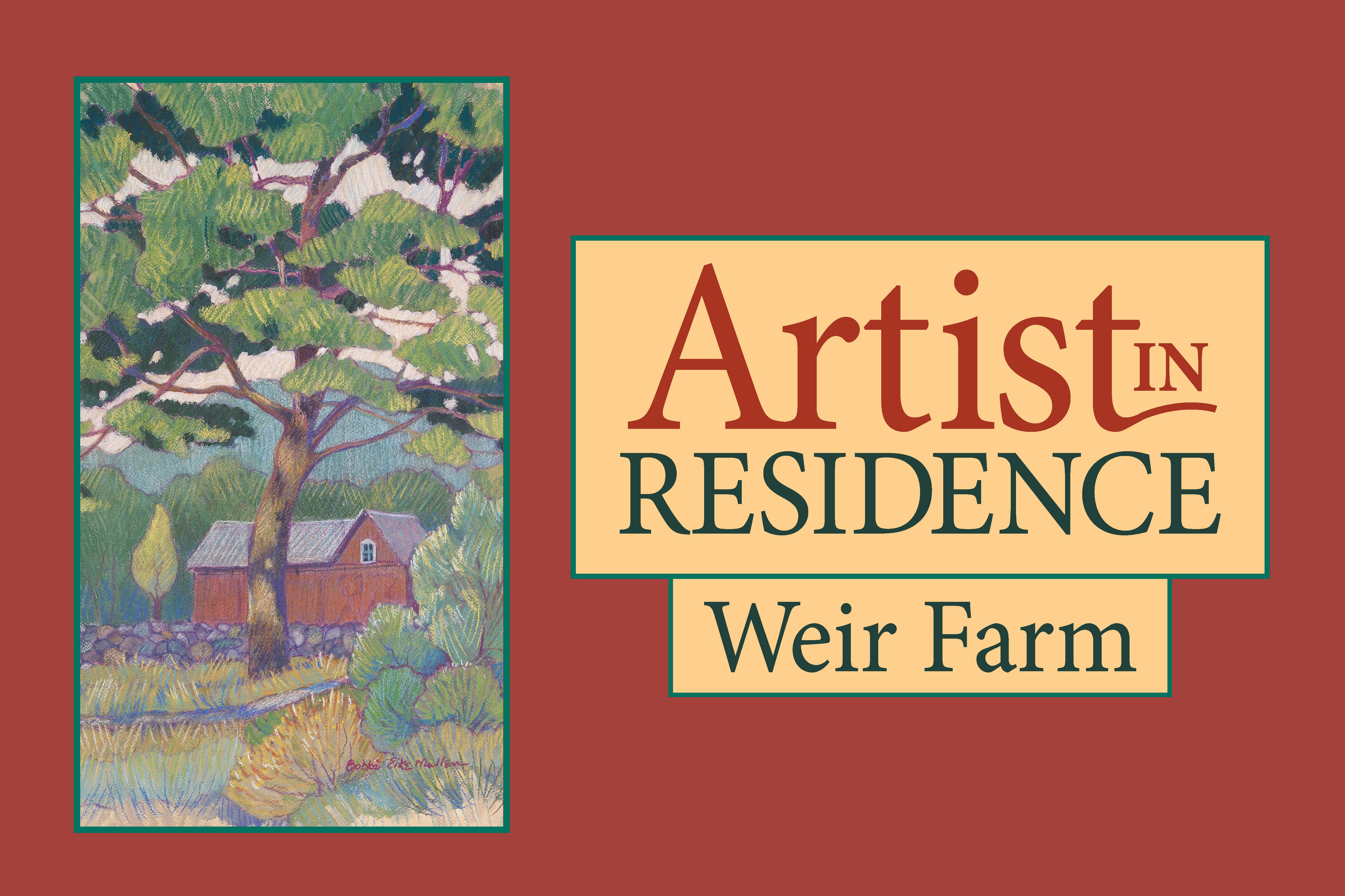 Red background with the words 'Artist-in-Residence - Weir Farm' and the image of a painting of the red artists studio at Weir Farm
