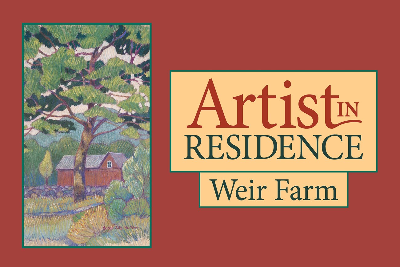 Red background with the words 'Artist-in-Residence - Weir Farm' and the image of a painting of the red artists studio at Weir Farm