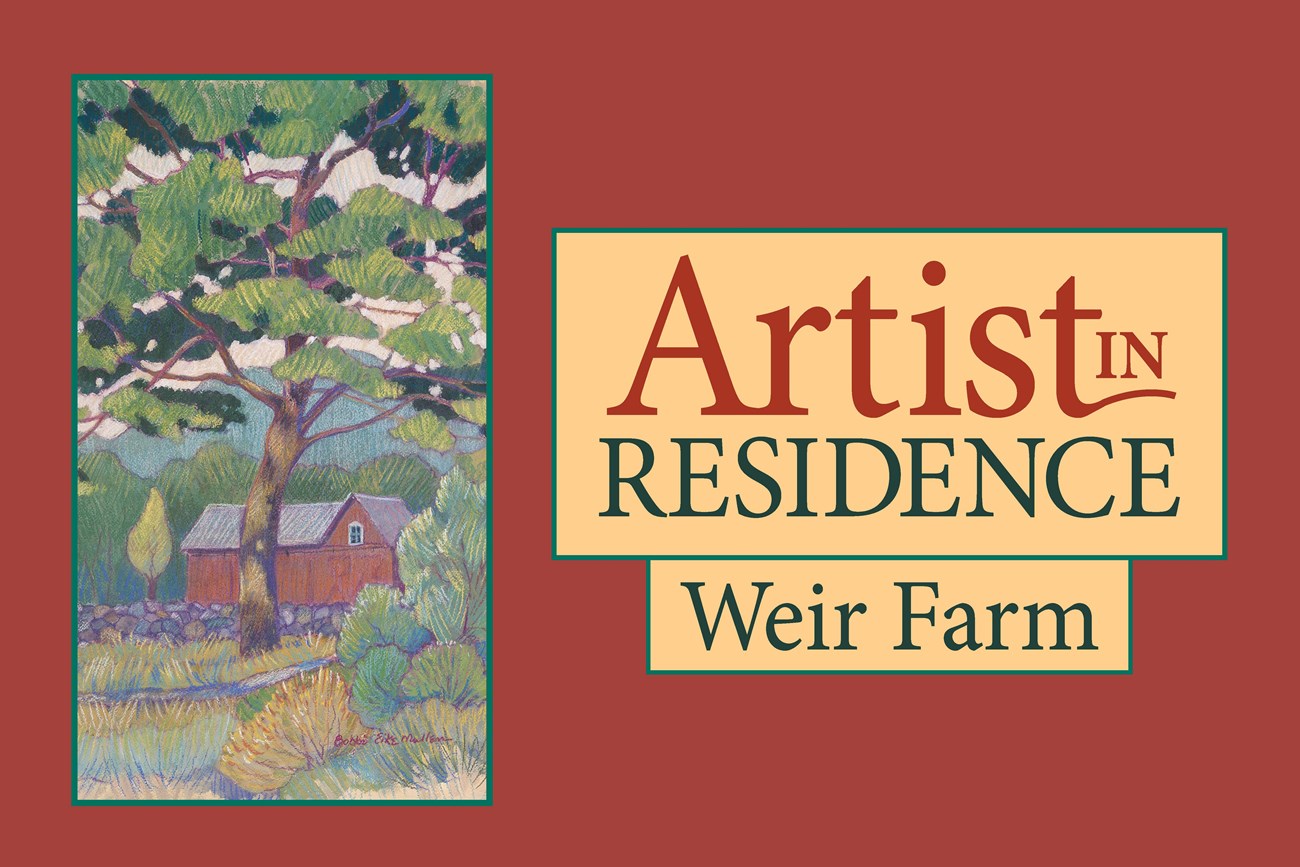 Red background with the words 'Artist-in-Residence - Weir Farm' and the image of a painting of the red artists studio at Weir Farm