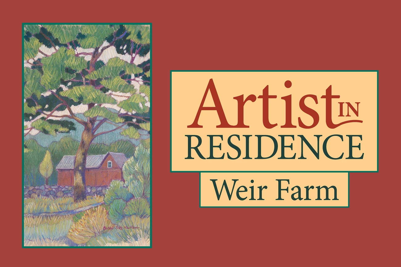 Weir Farm Artist-in-Residence logo Red background with the words 'Artist-in-Residence - Weir Farm' and the image of a painting of the red artists studio at Weir Farm