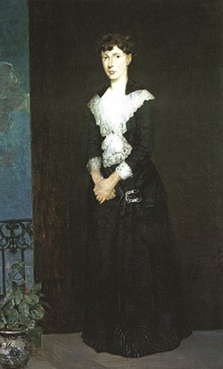 A painting of a young women on a balcony.