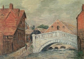 A painting of a white bridge with red houses in the background.