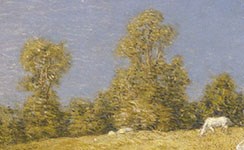 Section of Weir Painting - a white farm animal, possibly a horse, grazes in the pasture with trees and blue sky behind