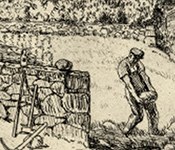 Section of Mahonri Young Etching - Black and White print of man building stone wall
