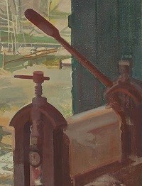 Section of Sperry Andrews painting that includes an etching press and an open door looking out into a farming pasture with stone walls.