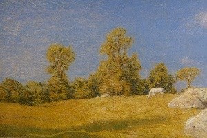 A close up of Julian Alden Weir painting. A white horse walks on a rocky and grassy hillside.
