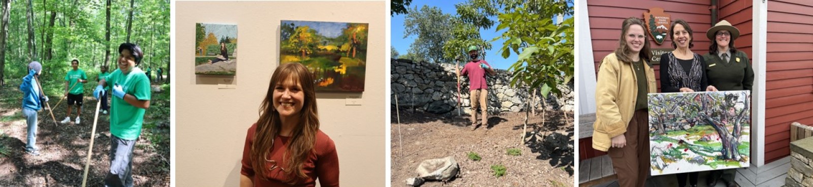 4 images in a row featuring Weir Farm artists and youth working in the landscape