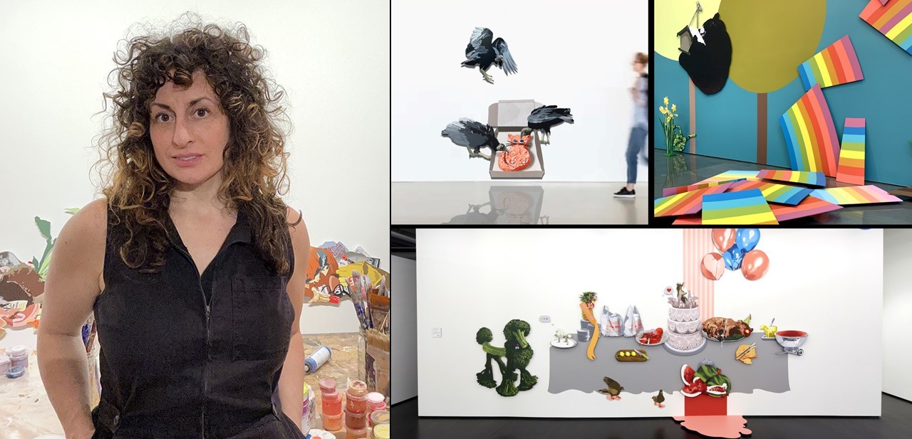 October Artist-in-Residence Lori Larusso pictured left, some of her installations pictured right