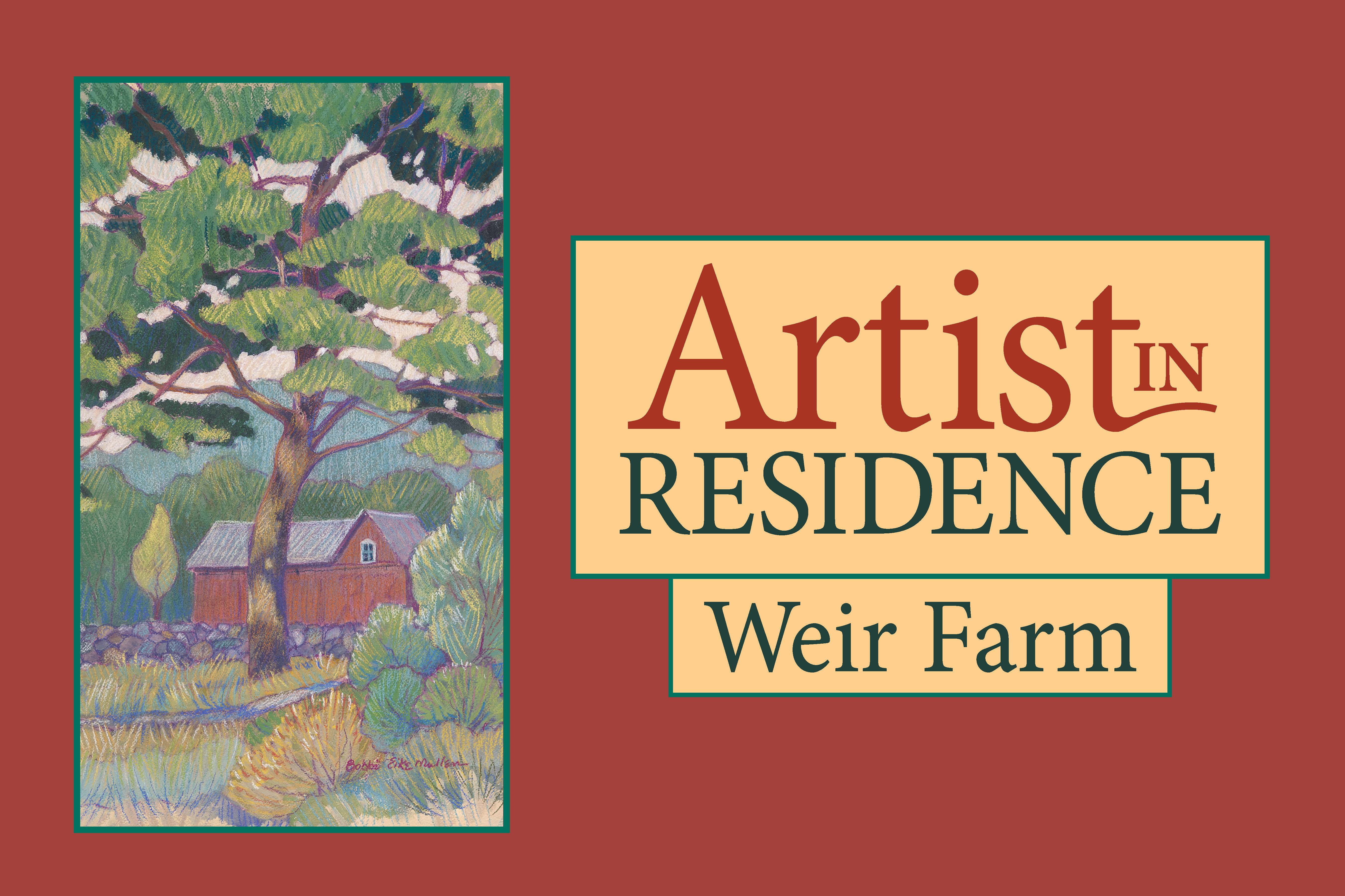 Weir Farm National Historical Park Artist-in-Residence Program Logo: Red background with painting of AIR Studio and trees on the lefthand side and the words 'Artist in Residence Weir Farm' on the right