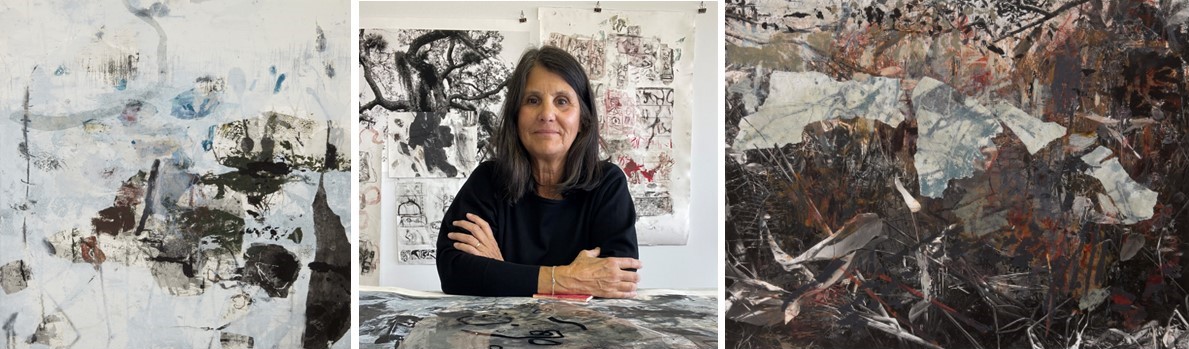 May Artist Aspasia Anos An artist in her studio and images of two of her works of art, one to the left of her headshot and one to the right.