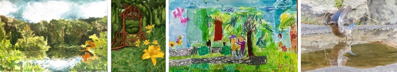 Brooke Liu, "Weir Pond in a Sunny Day 阳光下的韦尔池塘"
Mateo Soni, "The Gardens Gate at Weir Farm"
Jia Jung, "Playing with my Best Friend at Weir Farm"
Shelia R. Ellwood, "The End of a Bath" 4 works of art depicting Weir Farm