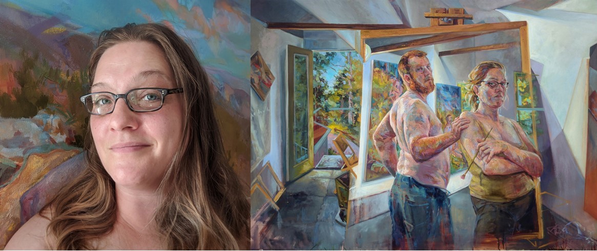June Artist-in-Residence Headshot of artist on left, image of one of her paintings on the right