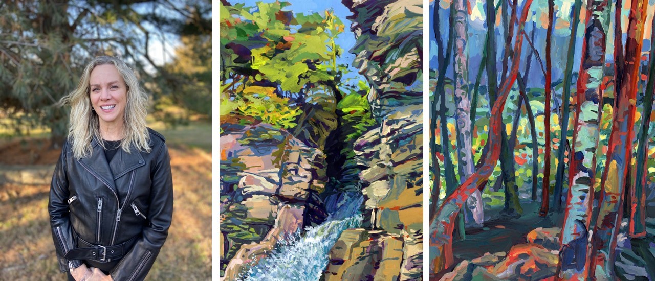 Carol Fabricatore and her artwork Artist Carol Fabricatore with trees in background on left, and two of her colorful abstract landscape paintings to the right
