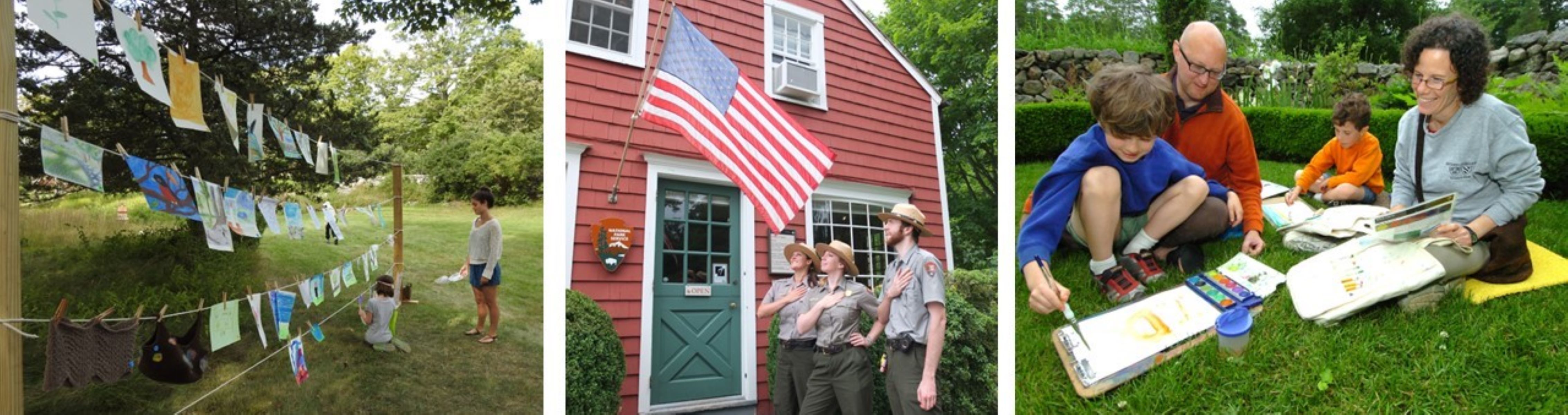 Photos of young artist putting art on a clothesline, Park Rangers saluting the American Flag, and a family painting outdoors