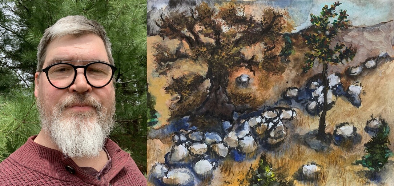 Stephen Henderson - June AIR Headshot of Stephen Henderson on left and image of one of his paintings on the right