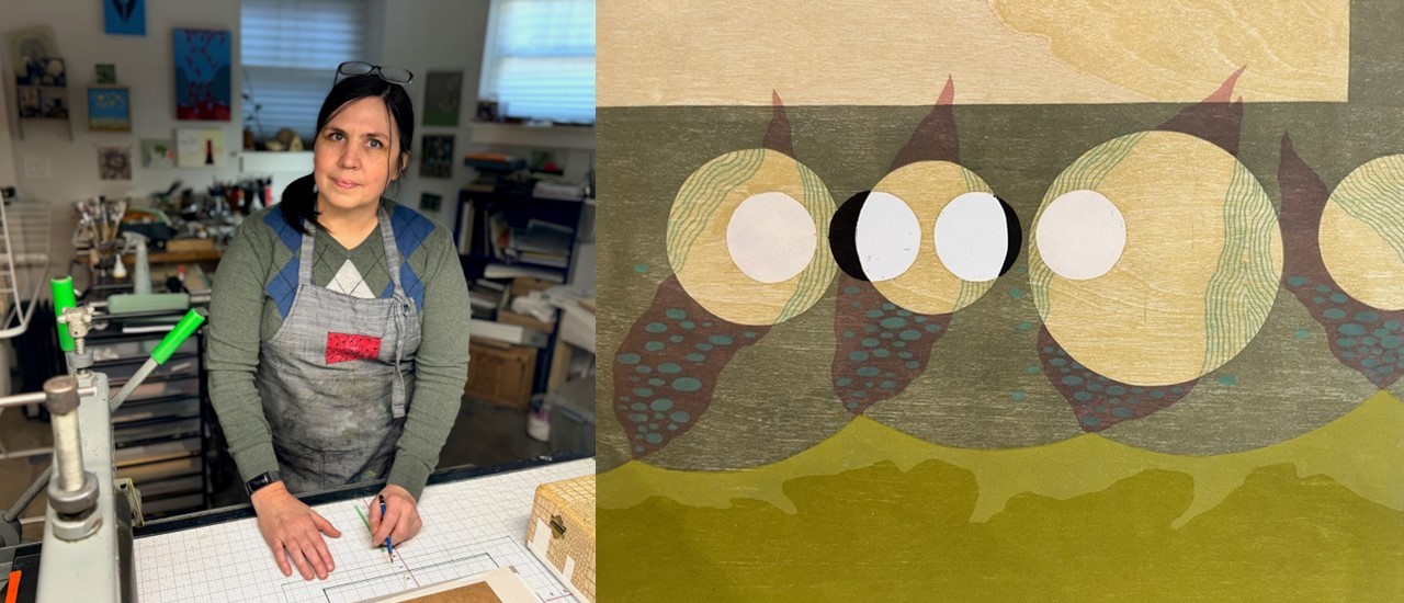 October Artist Catherine Sollman Artist in studio on left, colorful abstract print on right