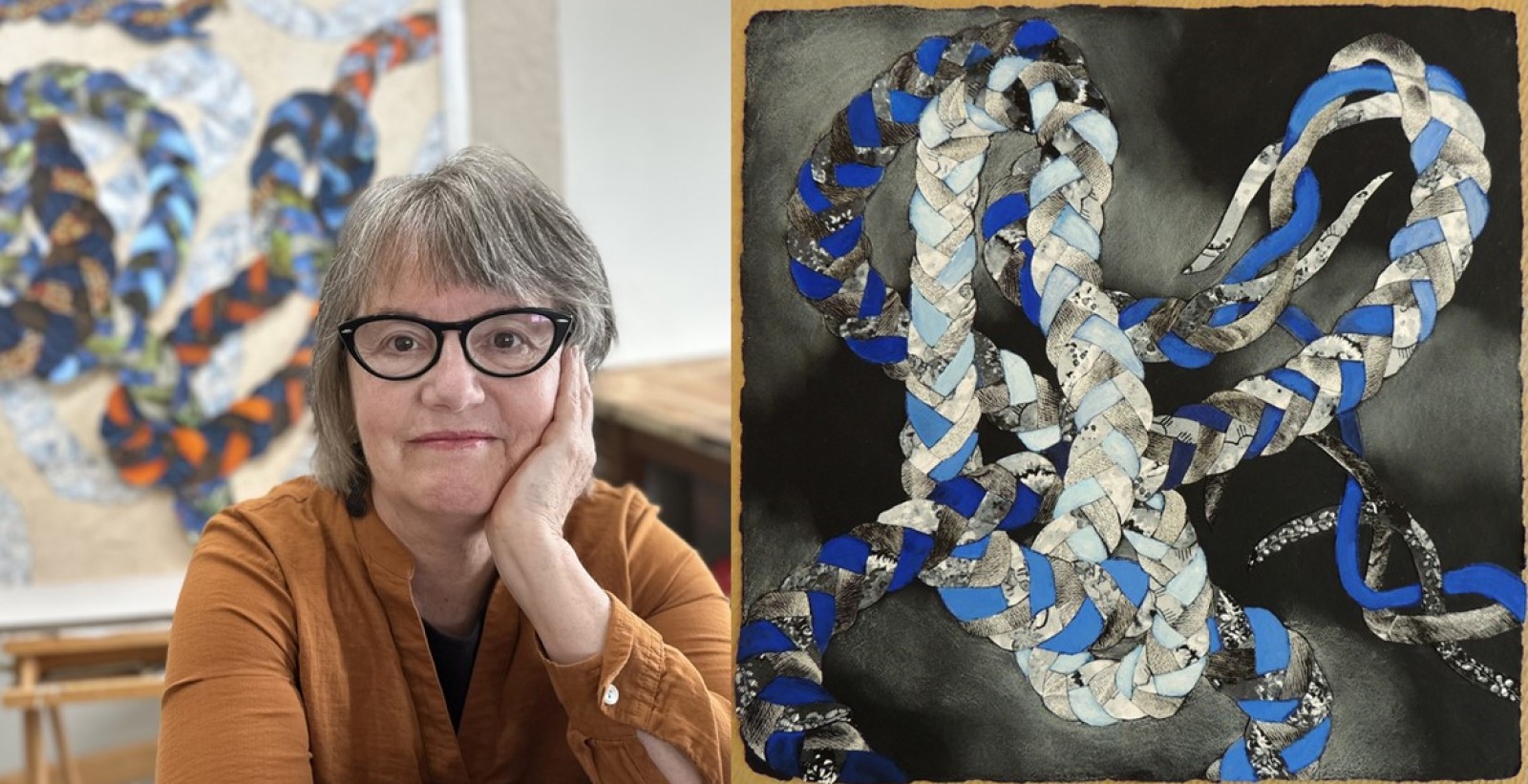 Carla Stetson and her artwork To the left, a headshot of artist Carla Stetson in her studio, to the right, an image of one of her mixed media art pieces