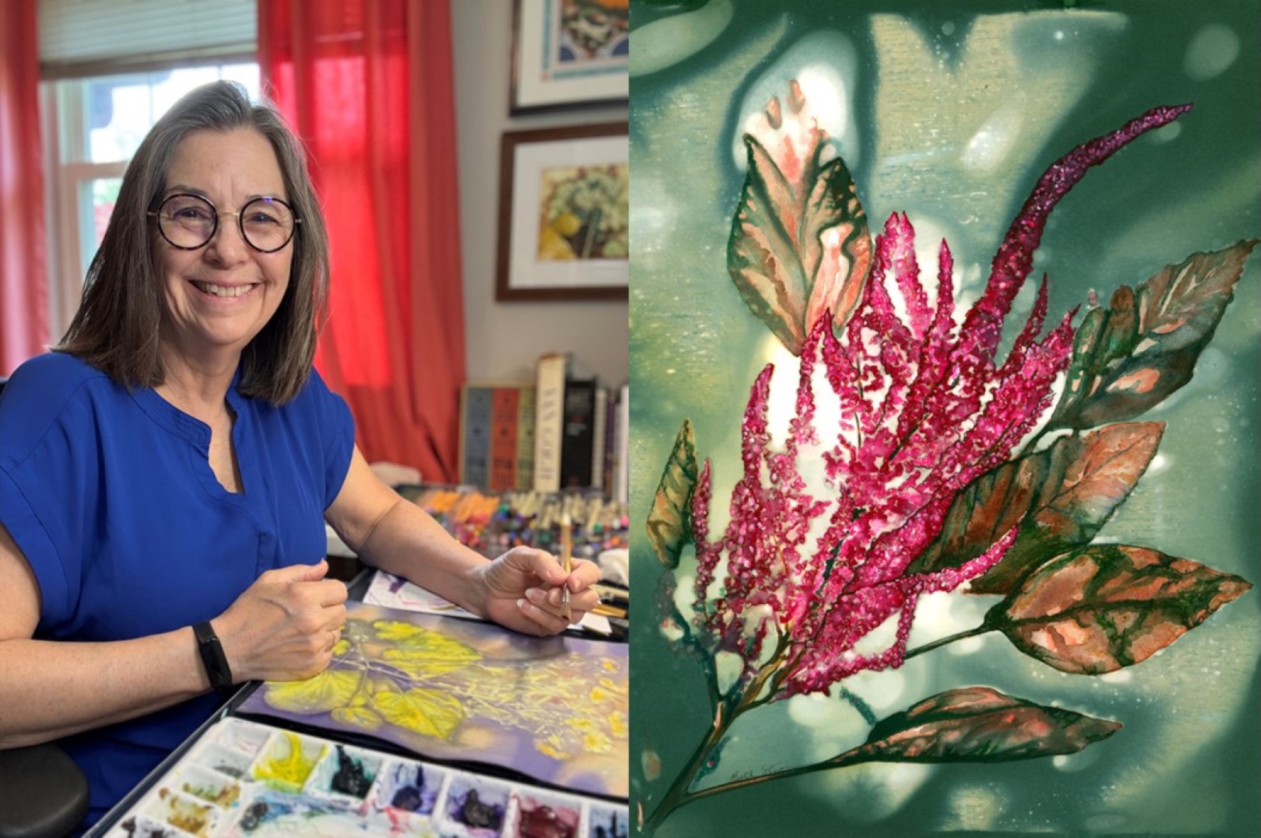 Beth Stinson Headshot of July Artist-in-Residence Beth Stinson on left, image of one of her works on right