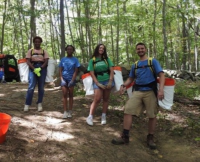 A group of three people maintaining a trail in the woods.