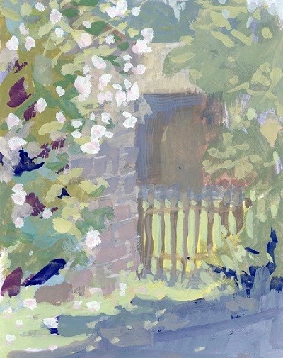 A painting of flowers growing along a wall with a wooden fence next to it.