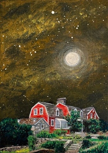 A painting of a red building at night with the moon in the sky.