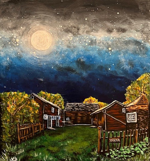 A night painting of a wooden barn with a full moon above it.