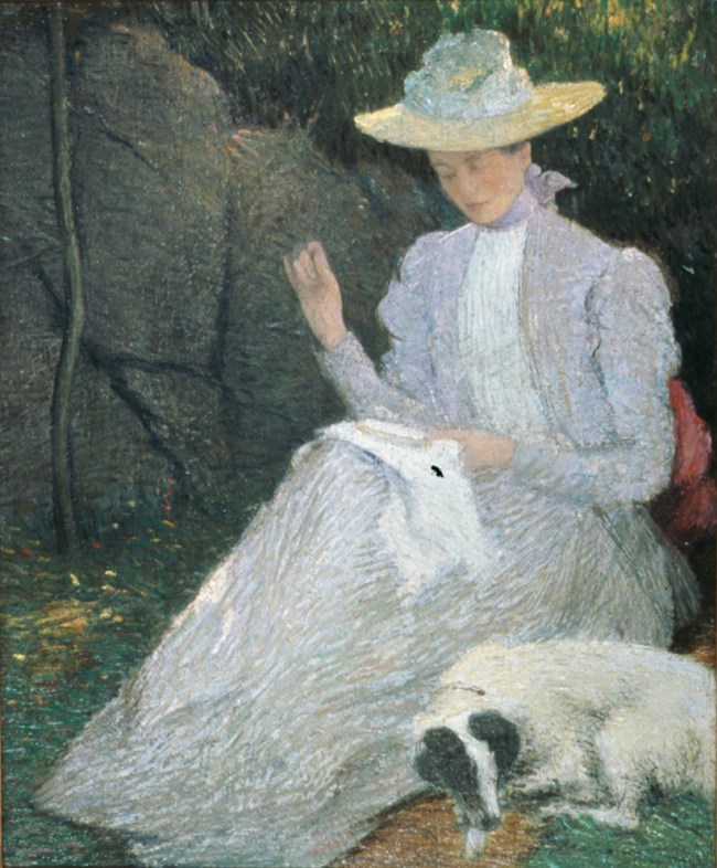 A painting of a woman in a large hat and long dress sewing with a black and white dog sleeping by her side.