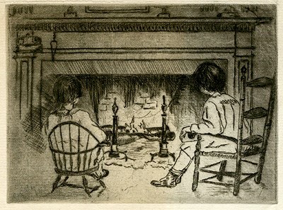 A print of two young girls sitting in front of a fireplace.