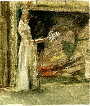 A painting of women standing in front of a fireplace.