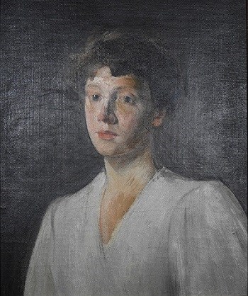 A painting of a women wearing a white dress.