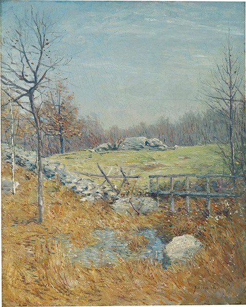 Painting of a field in fall.  Wetlands are in the foreground of the scene, with a rustic wooden fence on the lower right side of the painting.  A stone wall extends from the bridge, traveling diagonally up the left side of the painting.