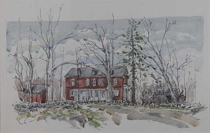 A painting of a red house with two outbuildings surrounded by trees.