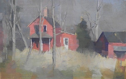 A painting of a red farm house with trees surrounding it.