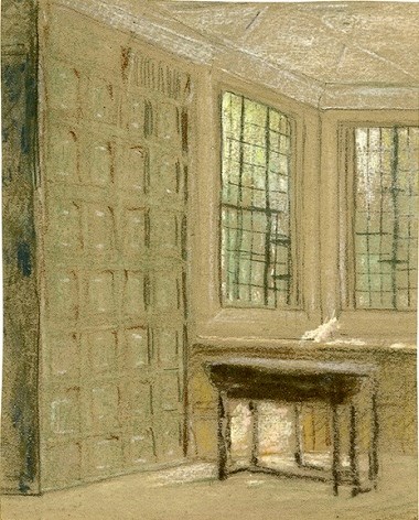 A drawing of a room with several windows and a table in front of it.