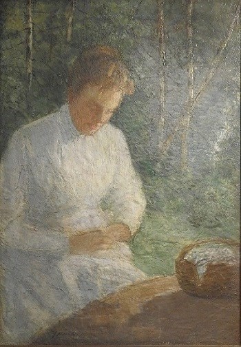A painting of a women with brown hair, wearing a white dress, kneeling in front of a table.