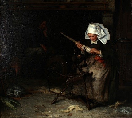 A painting of an older women on a spinning wheel.
