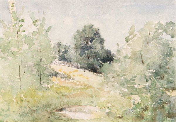 A watercolor painting of a field  in spring.  There are trees on each side of the painting, and a stone wall is seen in the background.  Colors are soft and muted.