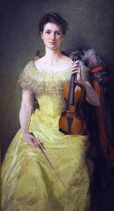 A painting of a women wearing a yellow dress holding a violin.