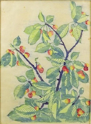 A print of a single tree branch with red and yellow cherries on it,