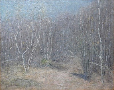 A painting of white trees at dusk.