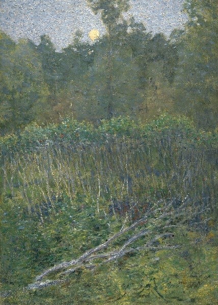 Painting showing a yellow moon rising over a landscape with fallen brush, and a thick wall of vegetation.