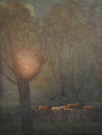 A painting of a foggy morning on a farm with a bright light shinning through the trees.