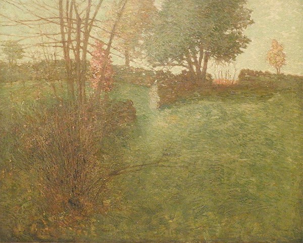 Painting of a field with several stone walls, with a dying tree in the foreground.