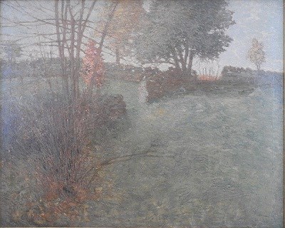 A painting of a meadow with a stone wall. The stone wall has an opening.