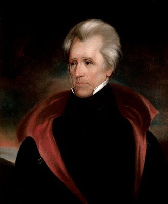 Portrait of Andrew Jackson wearing a dark jacket on a dark background.