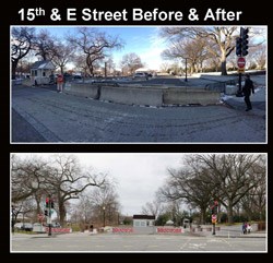 Two images compare current conditions with concrete barriers and a rendering of future improvements with movable barriers that read "stop." Two images compare current conditions with concrete barriers and a rendering of future improvements with movable barriers that read "stop."