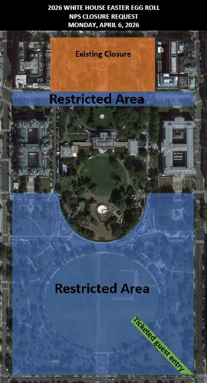A map showing the closures at President's Park for the 2026 White House Easter Egg Roll