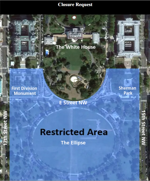 A map indicating park closures around the White House in blue